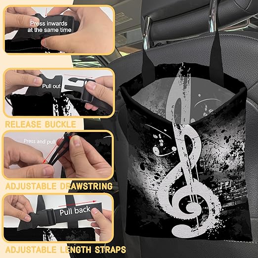 Vintage Musical Notes Car Trash Bag, Hanging Drawstring Car Garbage Bag,Canvas Car Back Seat Organizer with Adjustable Buckle for Men and Women