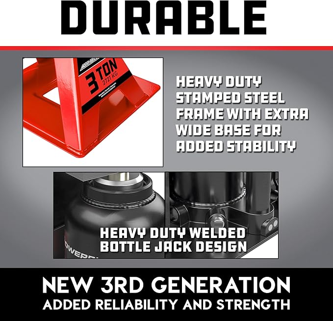 POWERBUILT 3 Ton All-in-One Hydraulic Bottle Jack and Jackstand in One, Compact, Wide Base, 11-21 Inch Range, Eliminates Jackstands, for Trucks, SUVs, RVs, Trailers, ASME, Not for Sedans - 640912