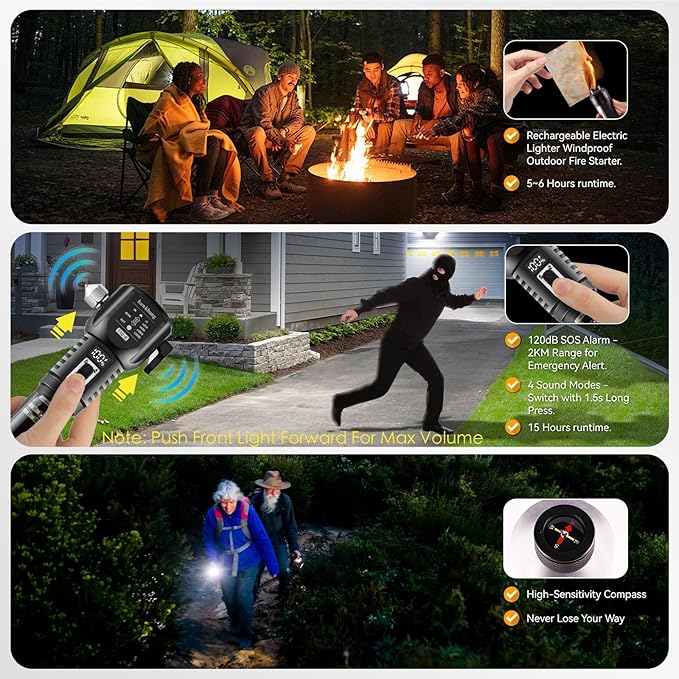 18-in-1 Car Safety Hammer Solar/USB Rechargeable Flashlight High Lumens with Electric Lighter Window Breaker Seatbelt Cutter Power Bank Emergency Work & Strobe Light for Car Repair Escape