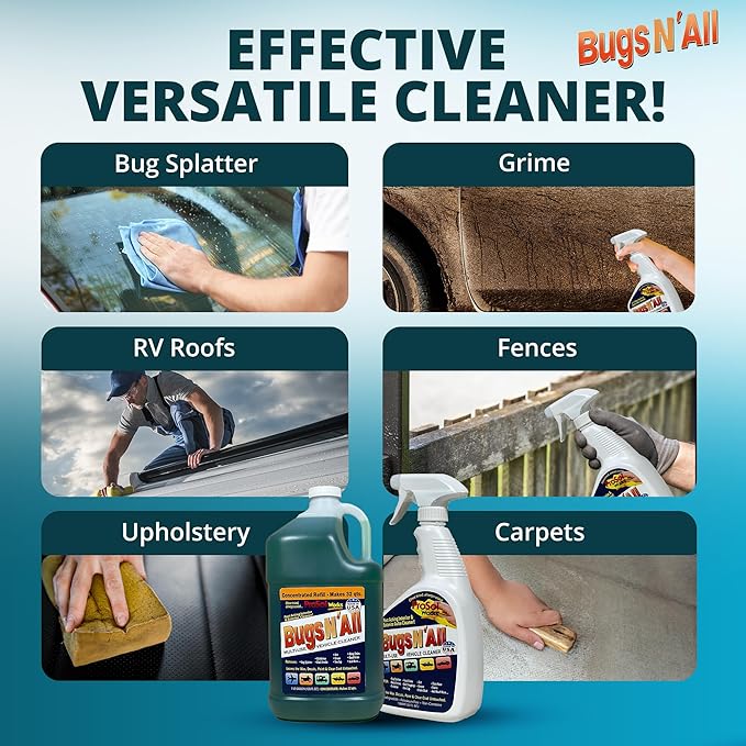 Bugs N’ All Multipurpose Car Cleaner & Degreaser - Bug & Tar Remover Concentrate 1 Gallon - Exterior Cleaner Safe for Car Paint, Metal, Chrome, Aluminum, Windows & Mirrors - w/Free 32 oz Spray Bottle