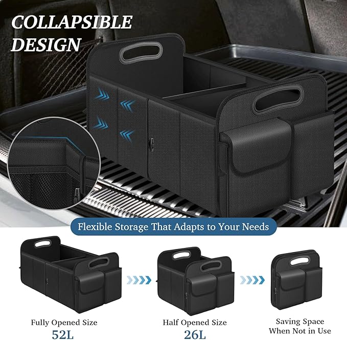 Trunk Organizer, Collapsible Waterproof car Trunk Organizer for SUVs & Sedans, Car Storage Organizers with Reinforced Handles, Car Accessories for Women and Men, 2 Compartments, 52L, Black