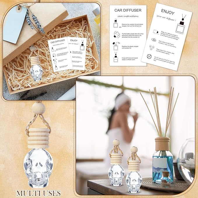100 Sets Car Diffuser Bottles Empty Bulk Hanging Car Air Freshener Diffuser Bottles Glass Perfume Holder with Instruction Cards for Essential Oil Valentines Birthday Gifts (Skull)