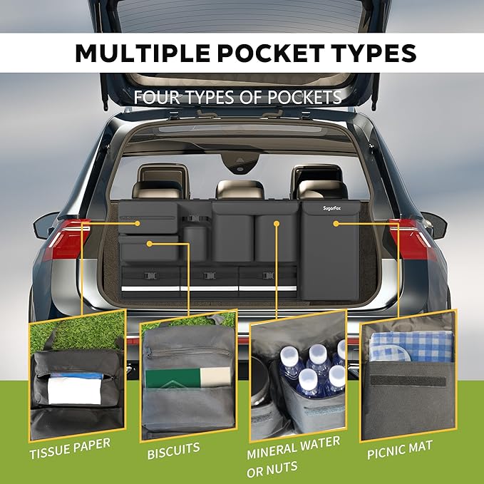 Backseat Hanging Trunk Organizer for SUVs, Cars, Trucks & MPVs | Multi-Pocket Storage with Anti-Slip Straps | Space-Saving Auto Accessory | Gift for Drivers | Black, 37.8" x 18.1" - K230