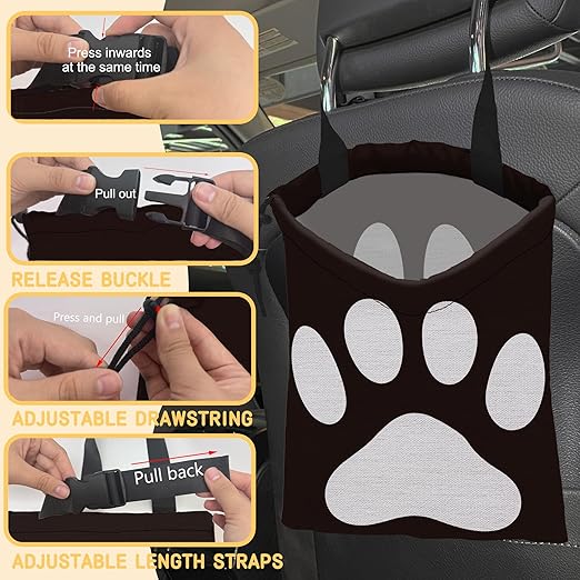 Dog Paw Car Garbage Bag, Small Car Trash Bag with Drawstring Closure and Adjustable Buckle for Car Back Seat, SUVs, Camping, Road Trips