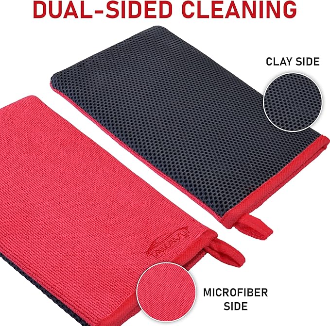 TAKAVU Auto Detailing Clay Mitt 1 Pack 9.7x6.3 inches, Magic Clay Bar Mitt Premium Mesh and Microfiber for Remove Dirts Mud Grime, Car Cleaning Detail Glass Wheel Windshield (Red)