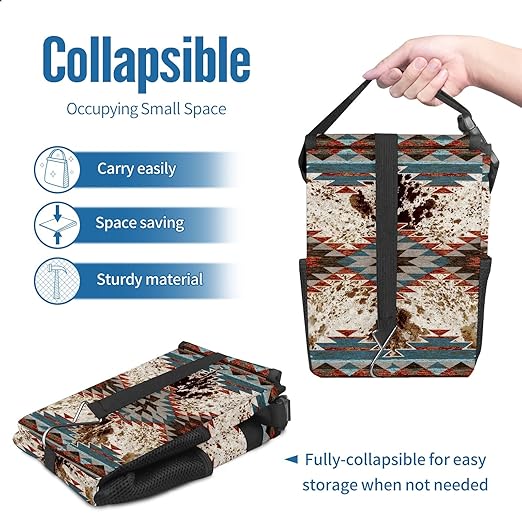 Western Aztec Cow Print Collapsible Reusable Waterproof Car Trash Can with Lid - Automotive Garbage Can, Interior Car Organizer