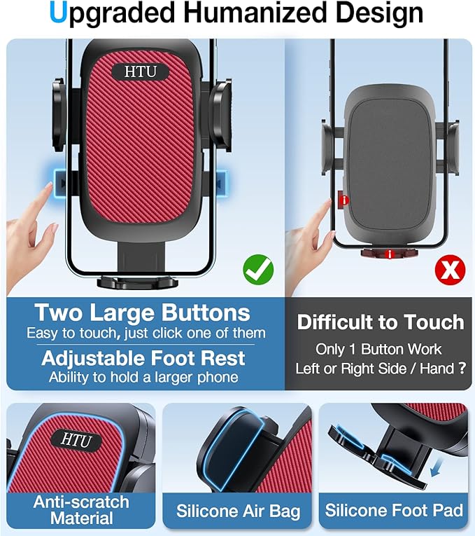 HTU 𝟐𝟎𝟐𝟔 𝐔𝐩𝐠𝐫𝐚𝐝𝐞𝐝【True Military-Grade】 Car Phone Holder【Safety Certs & No Smell】 Cell Phone Holder for Car Mount for Dashboard Windshield Air Vent Long Arm Thick Case,Red