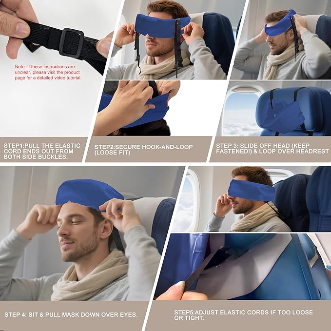 Travel Pillows for Airplanes, Airplane Head Strap with Silk Eye Mask for Sleeping, Long Flights & Car Road Trips 360°Headrest Neck Support, Stops Bobbing, Small & Compact（Blue）