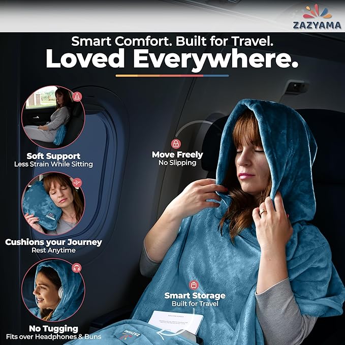 3-in-1 Travel Blanket Airplane – Compact with Bag & Pillow Combo Set, Dusty Blue Ultra-Soft Fleece | Packable Blanket Compact | Hidden Pocket | Trolley Sleeve | Carabiner | Travel Essentials