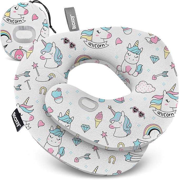 BCOZZY Kids Chin Supporting Travel Pillow for Ages 3–7- Patented Soft Neck Pillow for Head and Chin Support in Car Seat and Airplane. Comfortable Travel Essential. Small Size, Bag, Unicorn