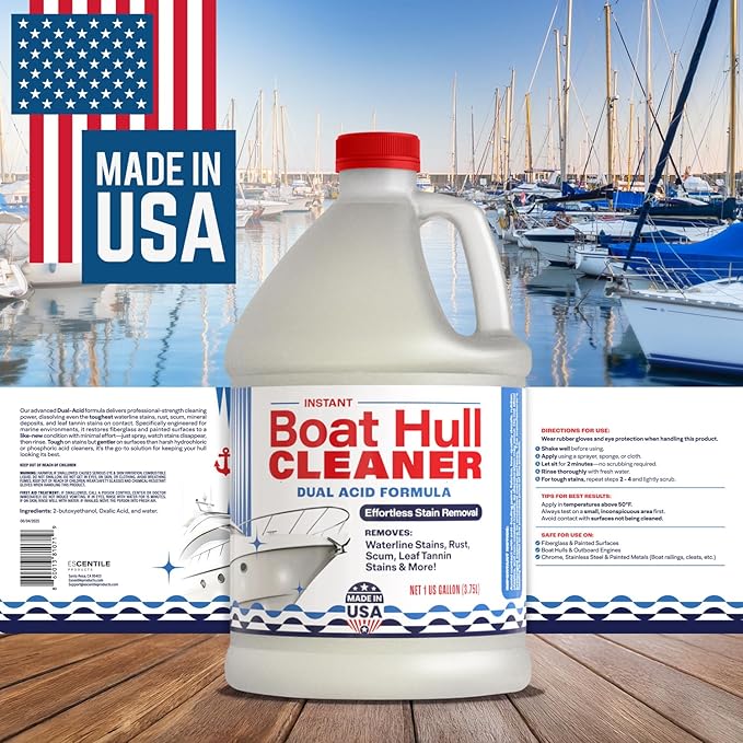 [1 Galllon] Instant Boat Hull Cleaner - Made in USA - Powerful Dual Acid Formula Easily Removes Scum Lines, Rust Stains, Hard Waterlines, & More from Fiberglass, Gelcoat & Painted Boat Surfaces