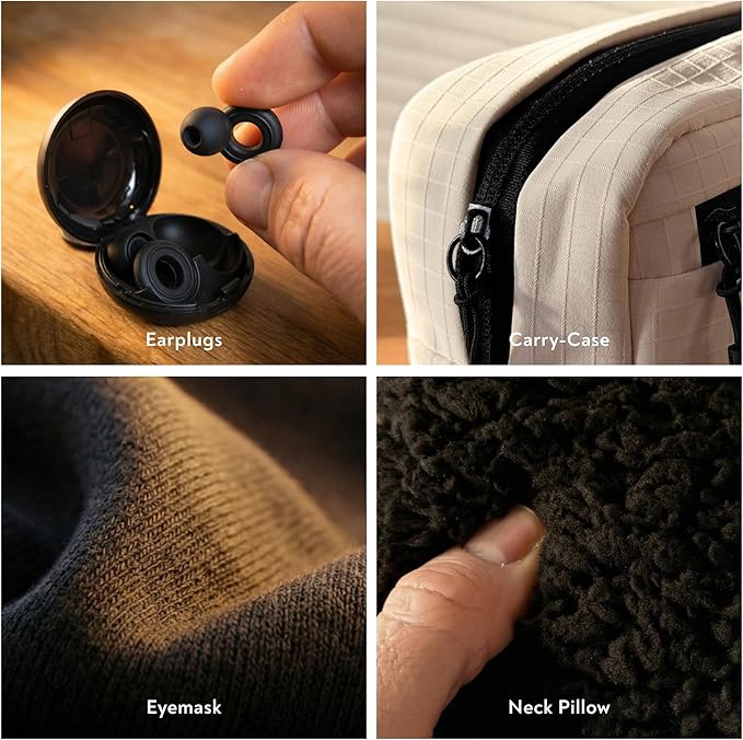 Slim Travel Neck Pillow for Long Flights, 360° Memory Foam Support Travel Neck Pillow with Premium Airplane Comfort Essentials 5pc Set, Best for Sleeping on Airplanes, Cars, Trains | Compact Bag