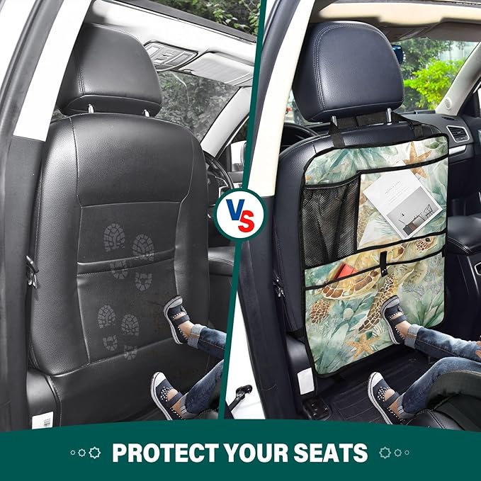 1 Pack Back Seat Car Organizer with Storage Pockets Kick Mats Back Seat Protector Hanging Car Organizer Automotive Seat Back Cover Organizers Sea Turtle Starfish Plants