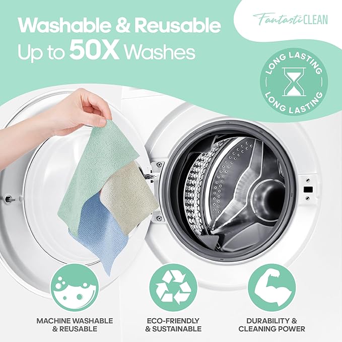 Fantasticlean Microfiber Cleaning Cloth Roll -60 Pack, Tear Away Paperless Towels, 8" x 8", Reusable Washable Rags, for House Kitchen, Pet, Office, Indoor Outdoor, Compact and Portable (Mint Green)