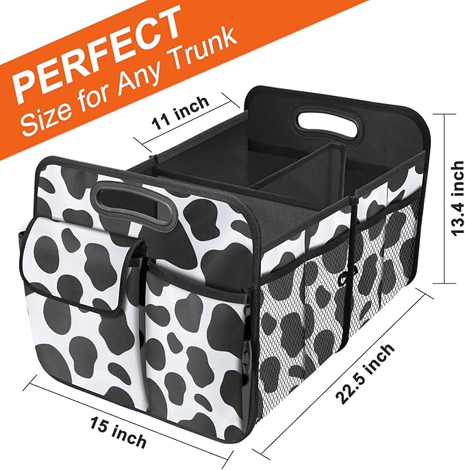 Trunk Organizer for Car, 72L Collapsible Waterproof Car Organizers and Storage, Car Accessories for Women and Men, Multi-Compartment Storage Organizer for SUV, Cow Print