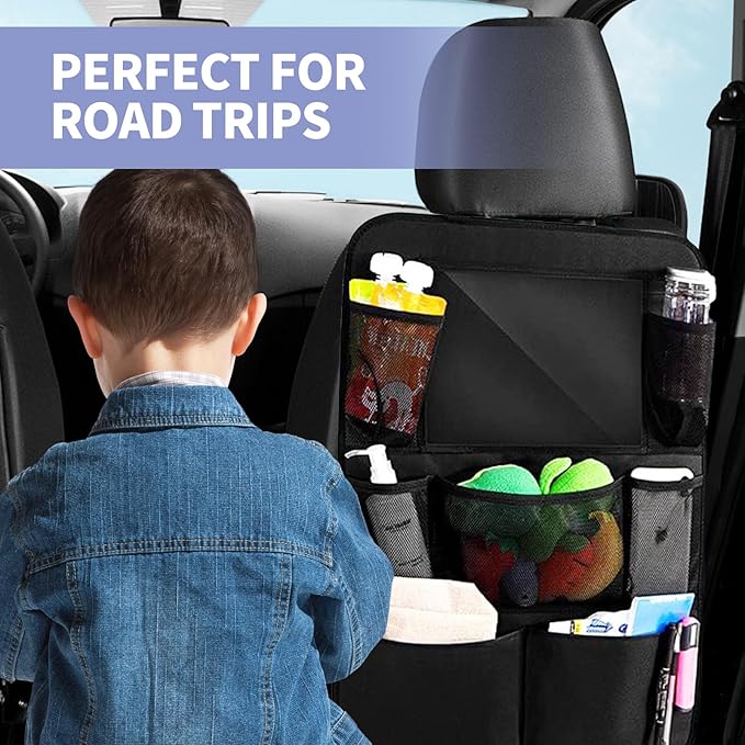 1 piece Car Back Seat Organizer with Tablet Holder, Premium 600D Oxford Fabric, 25x19 inch, 9 Storage Pockets, Waterproof, Tear Proof, Black