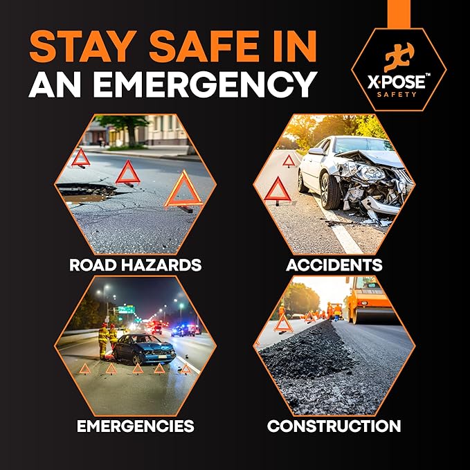 Xpose Safety Reflective Emergency Triangles – 1 Kit (3 Triangles) – DOT Approved Roadside Car Safety Warning Reflectors – Red & Orange Automotive Vehicle Hazard Visibility Markers