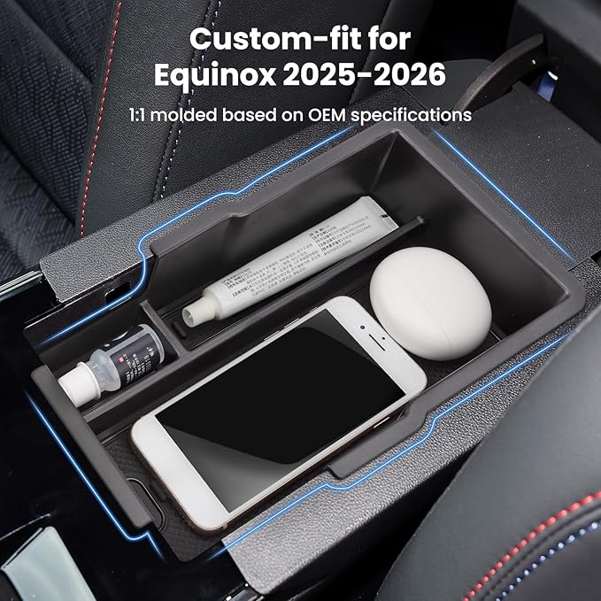 Center Console Organizer Armrest Tray Insert for Chevy Equinox 2025-2026, Accessories for 2026 Equinox Center Console Tray Storage Box, ABS Plastic, Black