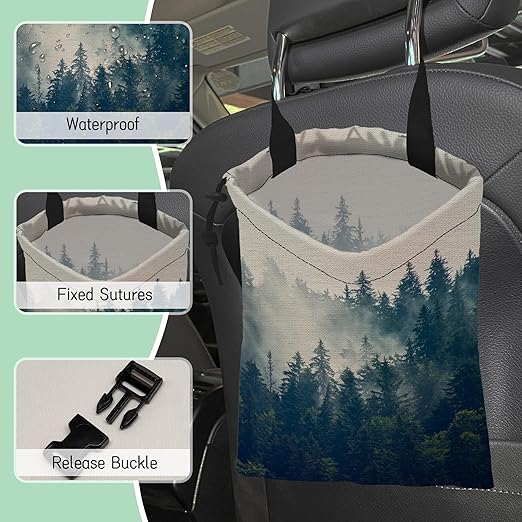 Misty Forest Car Trash Bag,Foggy Mountain Hanging Drawstring Car Garbage Bag,Waterproof Canvas Car Back Seat Organizer with Adjustable Buckle,for Vehicles,SUVs,Camping,Road Trips