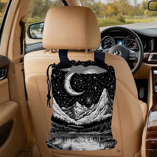 Moon and Lake River Car Garbage Bag,Mountain Night Sky Small Car Trash Bag Hanging Back of Seat,Drawstring Car Trash Bag with Adjustable Buckle,Car Accessories for Camping Travelling