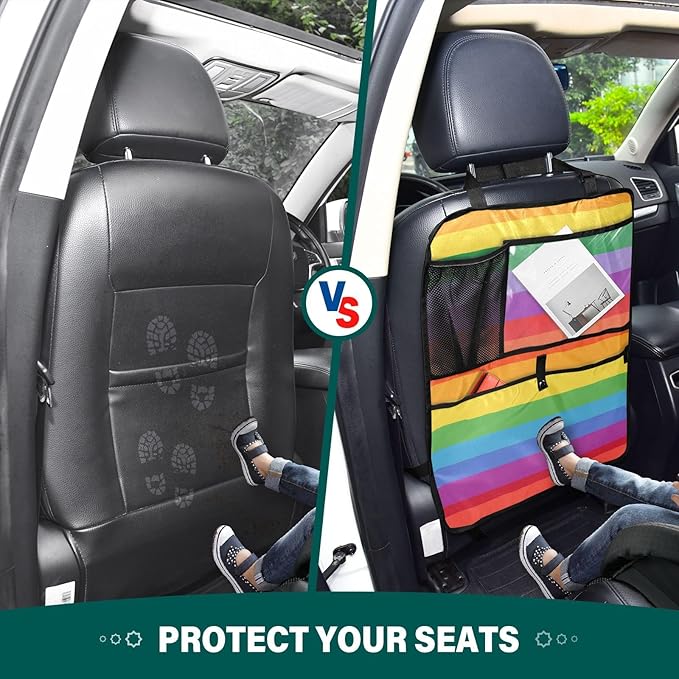 1 Pack Back Seat Car Organizer with Storage Pockets Kick Mats Back Seat Protector Hanging Car Organizer Automotive Seat Back Cover Organizers Vibrant Colorful Stripes