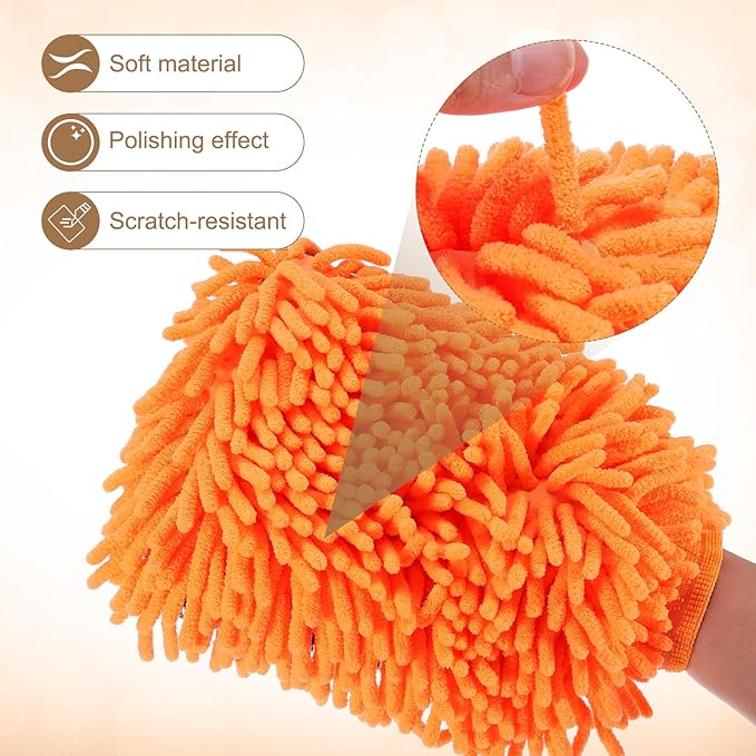 HARFINGTON 2pcs Chenille Microfiber Car Wash Mitts 9.8" x 7.9" Scratch Free Wash Gloves Absorbent Double Sided Plush Cleaning Drying Mitts for Car Washing Home Clean, Orange