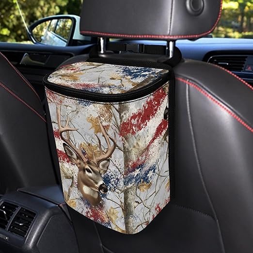 Camo Deer Car Trash Can with Lid US Flag Garbage Can with Adjustable Straps Trash Bin for Car Automotive Interior Accessories Storage Bag