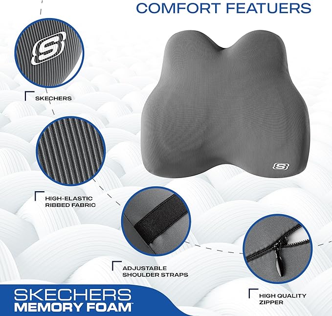 Skechers Memory Foam Lumbar Pillow,Lumbar Support Pillow for Office, Chair Lower Back Pain Relief Lumbar Pillow, Ergonomic Design Back Support Pillow for Office Chair, Car, Home, Travel,Gray