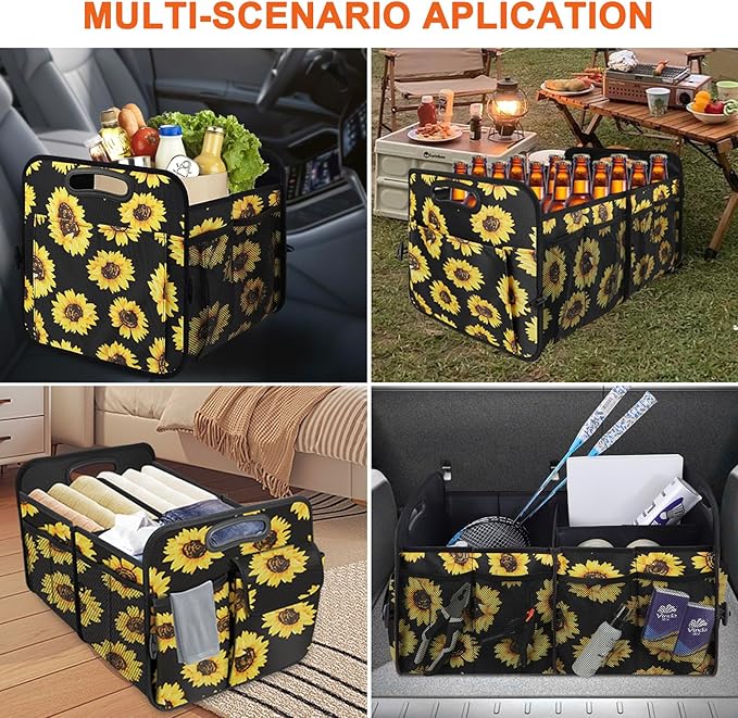 Trunk Organizer, Collapsible Trunk Organizers and Storage, Car Accessories for Women and Men, Multi-Compartment Trunk Storage Organizer for SUV, Car, Mini-Van - Sunflower