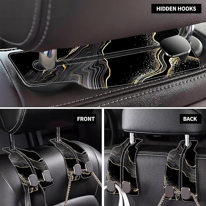 1 Pack Car Seat Headrest Hooks for Purses Abstract Black Golden Marble Bag Purse Holder for Car with Double Metal Hooks Car Purse Hanger Hanging Accessories