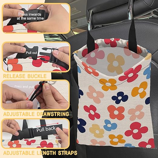 Colorful Groovy Flowers Car Trash Bag, Strap Drawstring Car Garbage Bags,Car Back Seat Organizer with Adjustable Buckle for Car Accessories