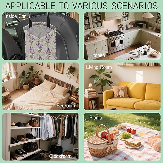 Lavender Flower Car Trash Bag,Hanging Drawstring Car Garbage Bag,Waterproof Canvas Car Back Seat Organizer with Adjustable Buckle,for Vehicles,SUVs,Camping,Road Trips