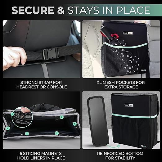 RoadBin™ Slim Leak & Odor Proof Car Trash Can. Fits & Stays Upright. Large-Capacity 2.5 Gallon Bin, 4" Design – Portable, Foldable Garbage Can for Car, Truck, SUV, Van & Outdoors