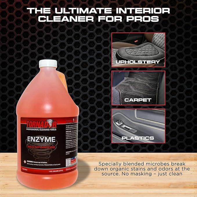 Tornador TC-Enzyme Multi-Purpose Cleaner – 1 Gallon | Enzyme Interior Cleaner for Carpet, Upholstery, Car Detailing Car Cleaning Gun Solution | Odor Control Concentrate