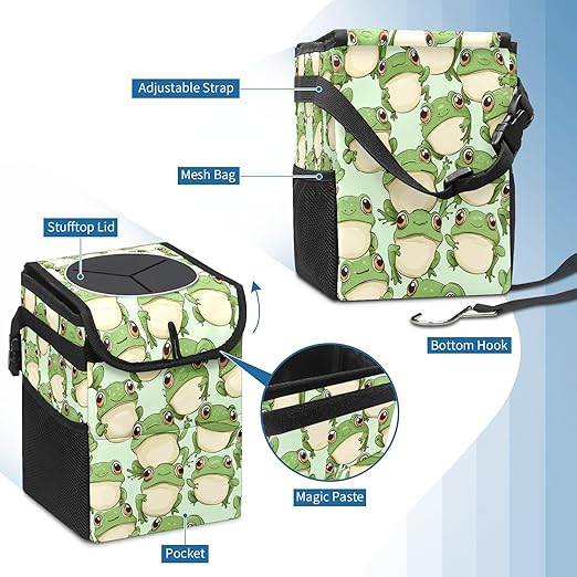Car Trash Can with Lid & Multiple Pockets,Foldable Vehicle Garbage Bin Waterproof & Leak Proof Automotive Garbage Cans Car Accessories for Women Men Road Trip Essentials Frogs