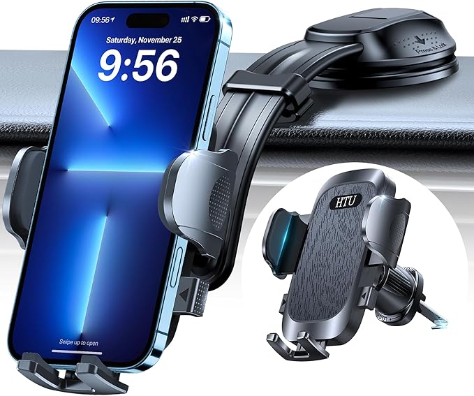 HTU Upgraded Strongest Suction Car Phone Holder Bendable Arm, Never Block View Rotatable Cellphone Mount for Dashboard Windshield Vent, Cradle Stand for iPhone 17 16 15 14 13 12 Pro Max (Black)