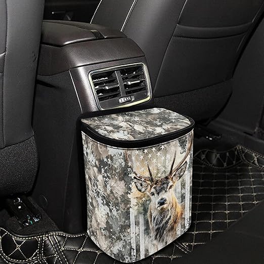 Camo Deer Car Trash Can with Lid USA Flag Car Garage Bag Automotive Garbage Can Reusable Auto Accessories Interior Organizer with Adjustable Straps