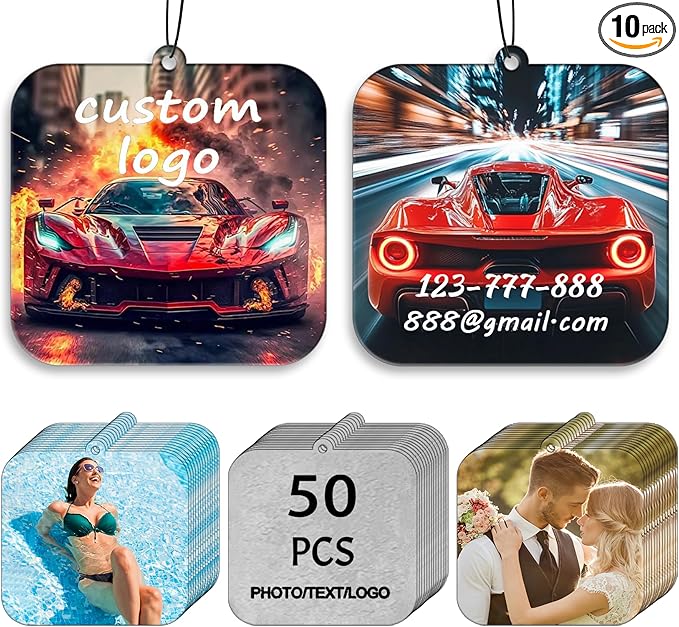 10/50/100Pcs Custom Logo Car Air Fresheners Bulk, Wholesale Personalized Double-Sided Car Air Fresheners with Photo/Text/Business Logo, Suitable for Truck and Car Drivers (50-Square)