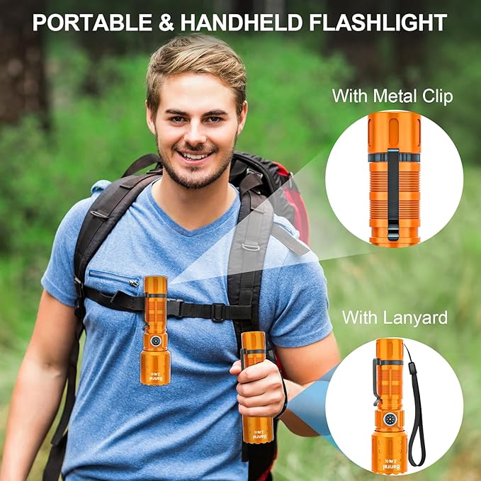 Banral Flashlights High Lumens Rechargeable, Super Bright Long Range Small Powerful Flashlight, 6 Modes LED Tactical Pocket Waterproof Flash Light for Home Emergency (2, Orange)