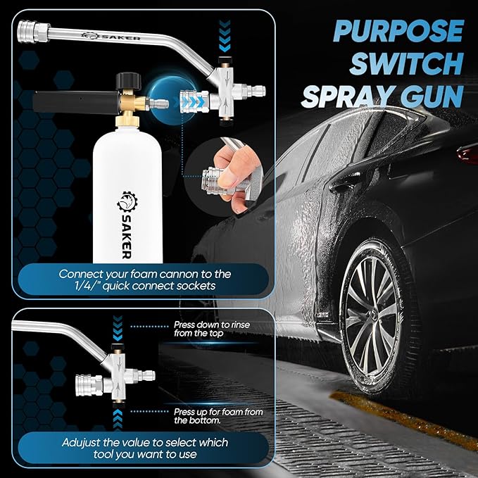 Saker Foam Cannon Dual Connector Accessory, Dual-Purpose Switch Spray Gun,Foam Cannon for Pressure Washer for Car Washing and Cleaning