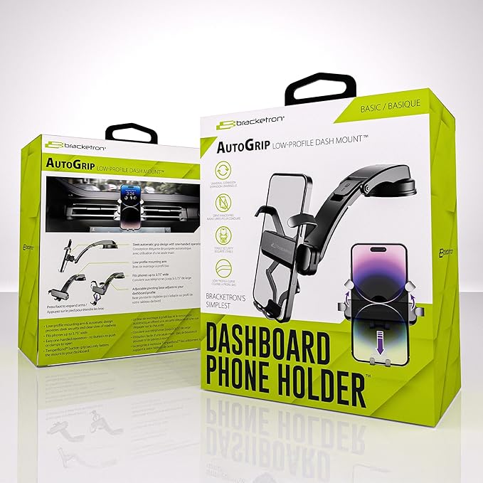 Bracketron AutoGrip Low-Profile Dash Mount- Phone Mount for Car with TemperBond Suction, One-Handed Operation Universal Cell Phone Holder Car Dashboard, Clear View Design
