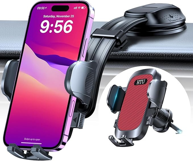 HTU Upgraded Strongest Suction Car Phone Holder Bendable Arm, Never Block View Rotatable Cellphone Mount for Dashboard Windshield Vent, Cradle Stand for iPhone 17 16 15 14 13 12 Pro Max (Red)