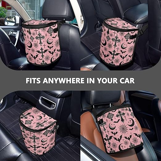 MNSRUU Car Trash Can with Lid, Black Gothic Moon Spider Webs and Bats Car Trash Bag Hanging Organizers and Storage for Front Back Seat, Leak-Proof Trash Bin