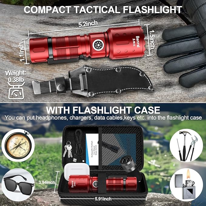 Banral Flashlights High Lumens Rechargeable, Super Bright Long Range Small Powerful Flashlight, 6 Modes LED Tactical Pocket Waterproof Flash Light for Home Emergency (1, Red)