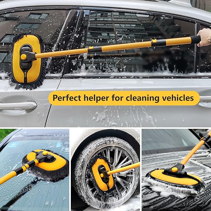 Car Wash Brush with Long Handle, 15°Curved Car Cleaning Brush with Replaceable Head Cover, Truck Washing Brushwith Telescopic Handle Wash Mop Kit 5PCS