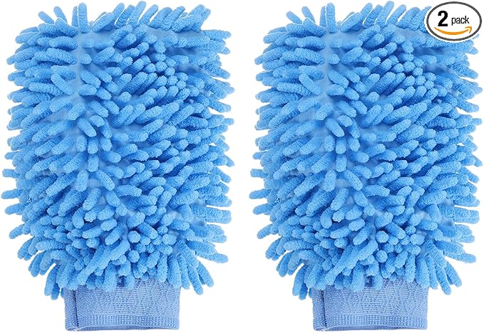 HARFINGTON 2pcs Premium Chenille Microfiber Car Wash Mitts 9.8" x 7.9" Scratch Free Wash Gloves Absorbent Double Sided Plush Cleaning Drying Mitts for Car Washing Home Light Blue