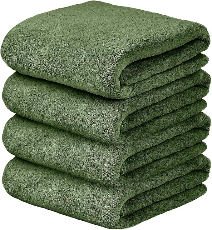 JML Pack of 4 Bath Towels, 30"x60", Large Microfiber Towel Set, Ultra Soft, Super Absorbent, Fast Drying, Perfect for Sauna, Shower, Pool, Sport, Travel, Fitness, SPA,Yoga, Coral Fleece-Olive-Green