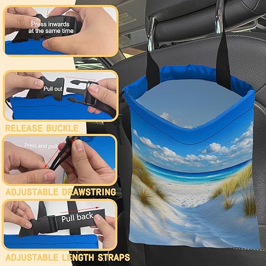 Summer Beach Car Garbage Bag, Compact 5.1L Canvas Trash Can with Drawstring Closure, Perfect for Cars, SUVs, RVs, and More