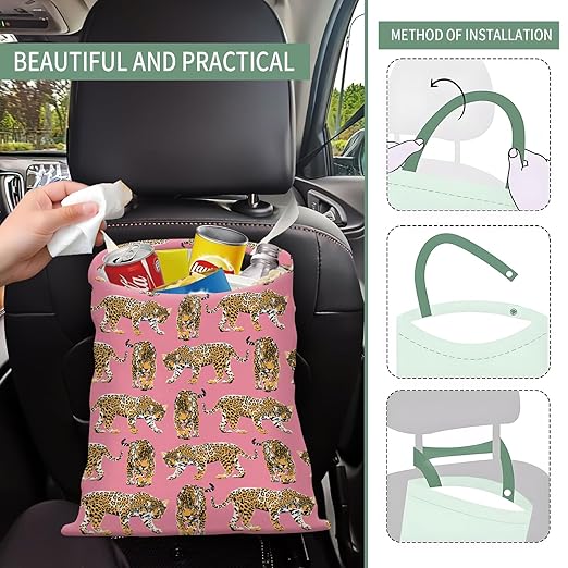 Cute Car Trash Can, Hanging Canvas Car Back Seat Organizer and Storage Bag, Funny Car Trash Bag For Travelling, Outdoor Pink Cheetahs
