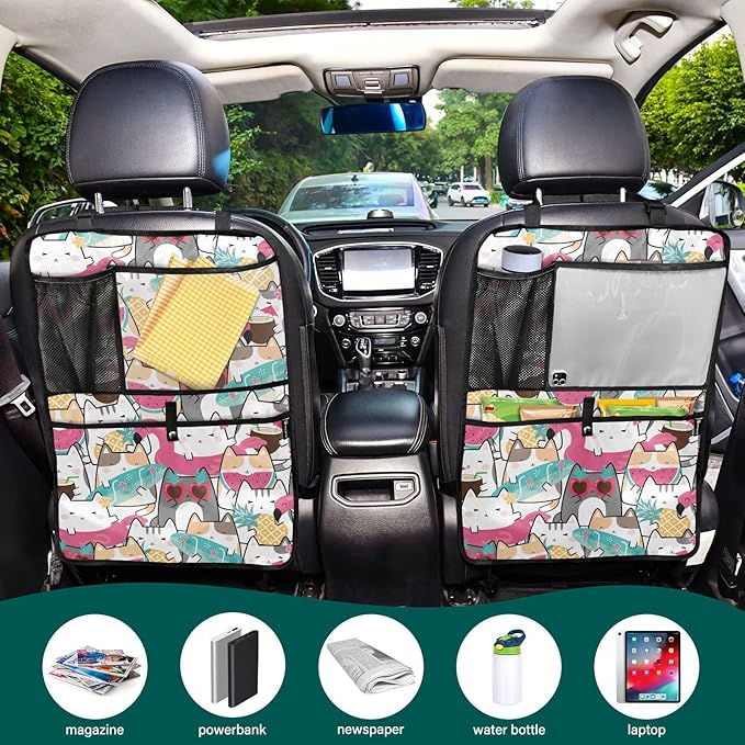 2 Pack Backseat Car Organizer with Storage Pockets Seat Back Organizers for Kids Kick Mats Backseat Protector Automotive Funny Cats Summer